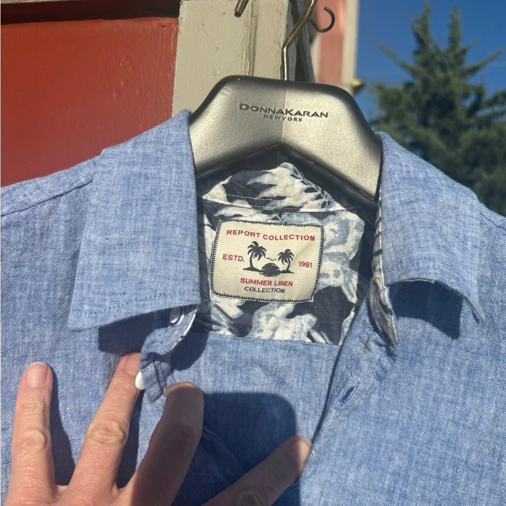 Report Collection Blue Linen Blend Short Sleeve Button Up Shirt Mens M - Picture 1 of 5